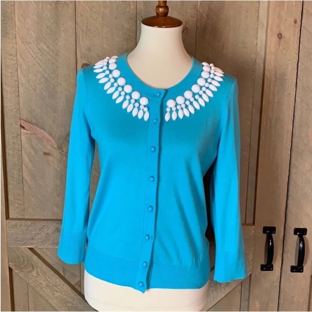 Kate Spade Blue Dive in cardigan sweater with bead embellishment